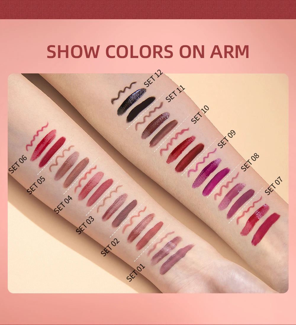 3pcs Matte Liquid Lipstick+Lip Liner Set Lip Glaze Makeup Nude Black Red Velvet Lip Gloss Long Lasting Lip Tint Cosmetics Kits Pi-Mart