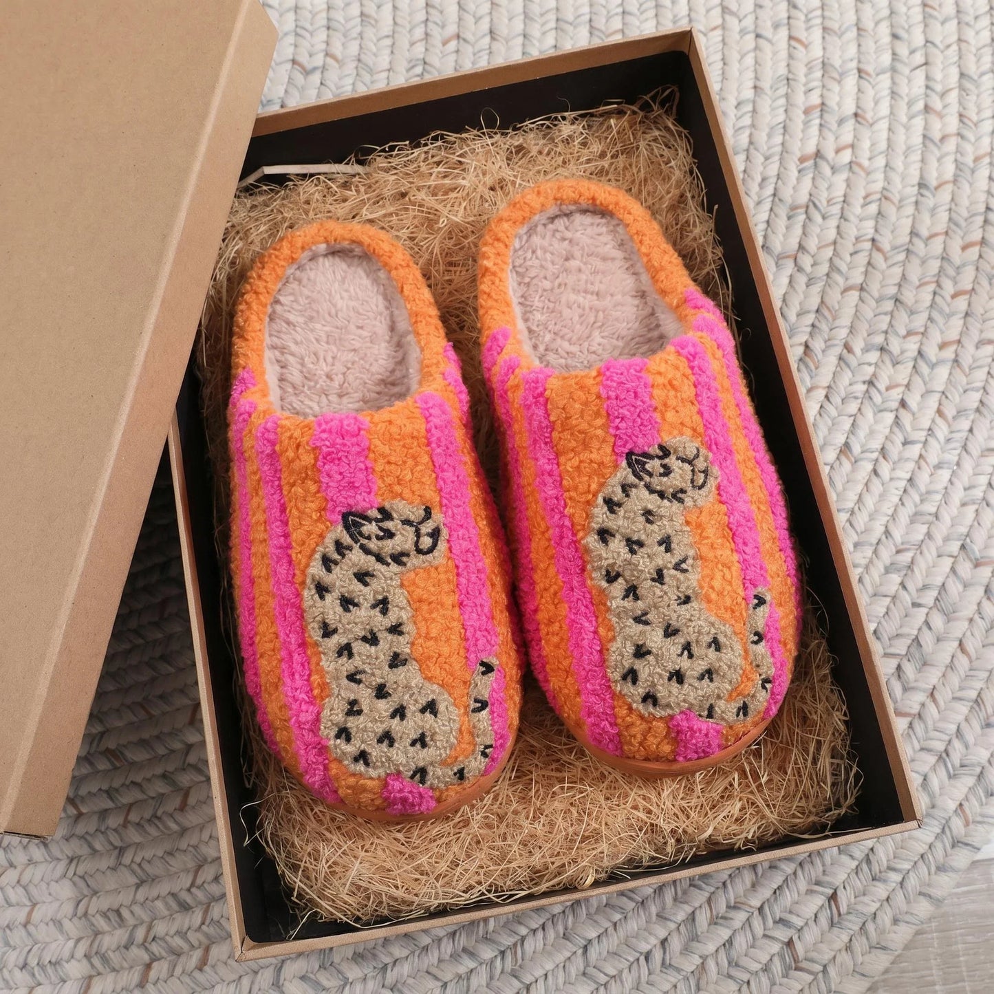 Ins-Style Cute Color-Block Embroidered Winter New Striped Leopard Print Plush Slippers for Women, Indoor Non-Slip Warm Plush Shoes, a Top Choice for Holiday Gifts LadyShow.Store