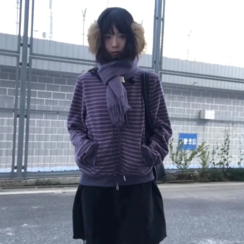 Karrram Japanese Y2k Purple Striped Cardigan 2000s Style Turtleneck Knitted Jacket Vintage Harajuku Zipper Knitwear Korean 90s LadyShow.Store