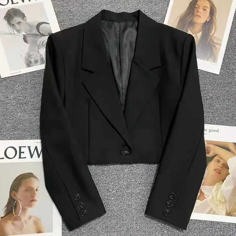 Xpqbb Black Cropped Blazers Woman Trend 2024 New All-match Notched Collar Crop Jacket Women Korean Chic Single Button Suit Coat LadyShow.Store