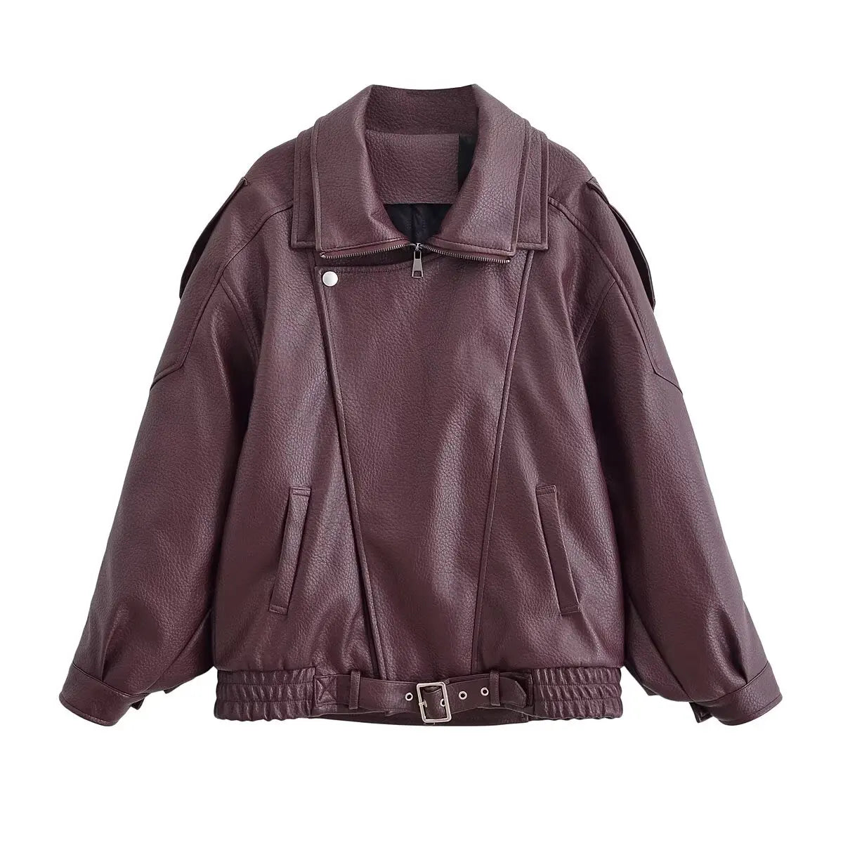 HH Autumn Faux Leather Jacket For Women Casual Solid Long Sleeve Zipper Pu Leather Coats New Fashion Female Streetwear Pi-Mart