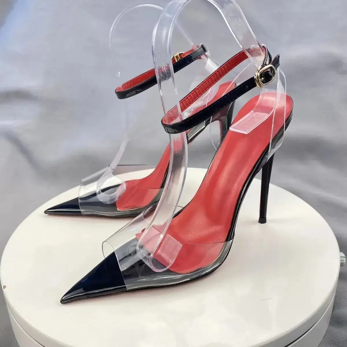 New European and American electric purple ultra soft transparent PVC sandals with straight stripes and slim heels, 12cm sexy Pi-Mart