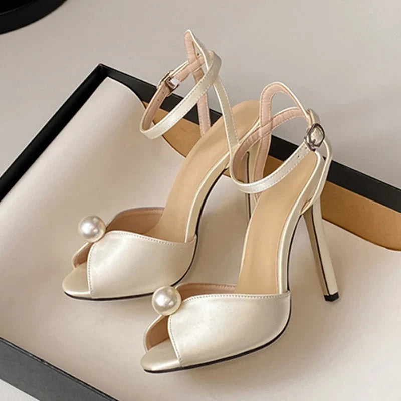 Liyke High Quality Cozy Silk Peep Toe 11CM Thin Heels Gladiator Sandals Women Fashion Pearl Designer Shoes Ankle Strap Sandalias LadyShow.Store