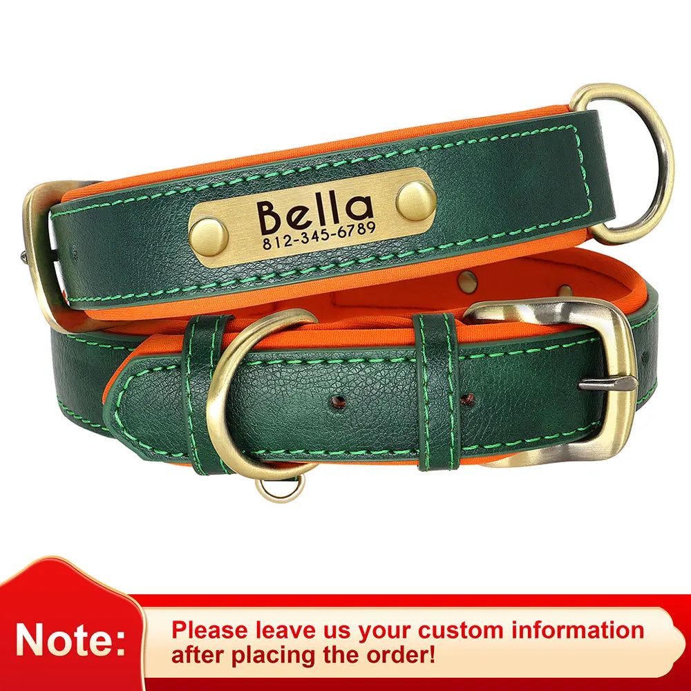 Customized PU Leather Nameplate Dog Collar Soft Padded Dogs Collars Free Engraving Name for Small Medium Large Dogs Adjustable LadyShow.Store