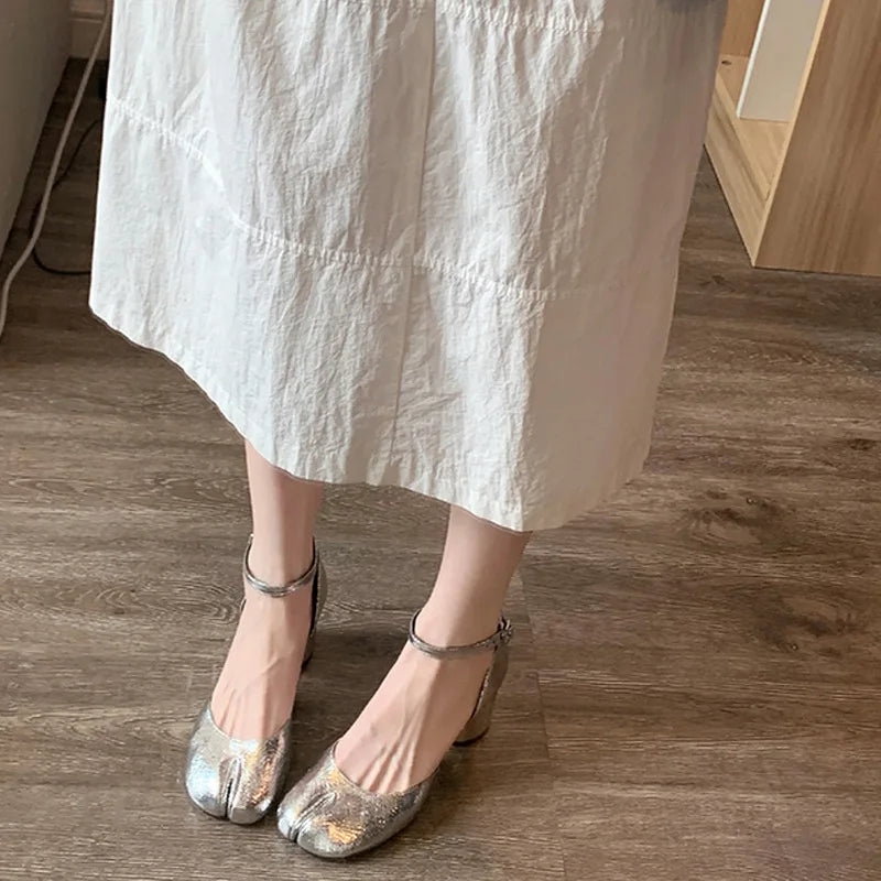 Modern Heels Pumps Women Round High Heel Leather Square Split Toe Pumps Shoes Spring Summer Sandals Mary Janes Shoes Heels Women LadyShow.Store