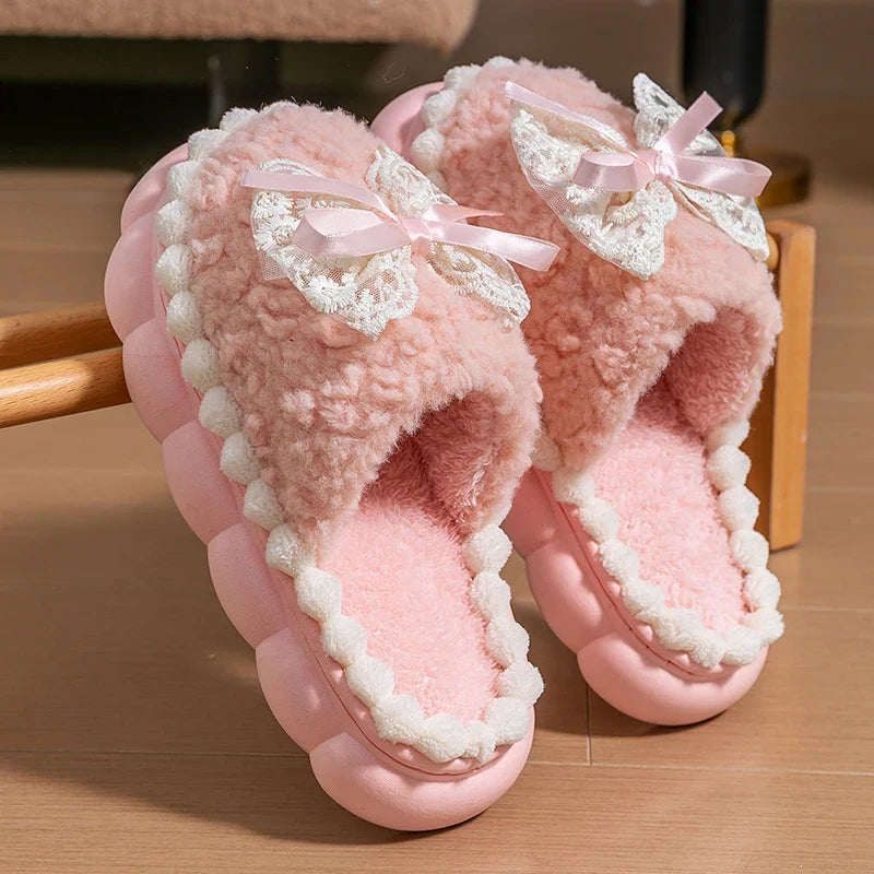 Winter Warm Fur Slippers For Women Thick-Soled Household Slippers Cute Bow Non Slip Soft Home Shoes Indoor Plush Women's Slipper LadyShow.Store