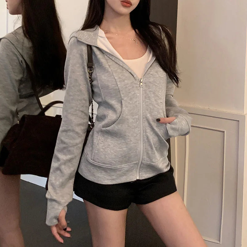 Gray Zipper Hooded Sweatshirt Women 2025 New Korean Slim Fit Cardigan Long Sleeve Coat Woman Solid Pockets Sports Hoodies Jacket LadyShow.Store
