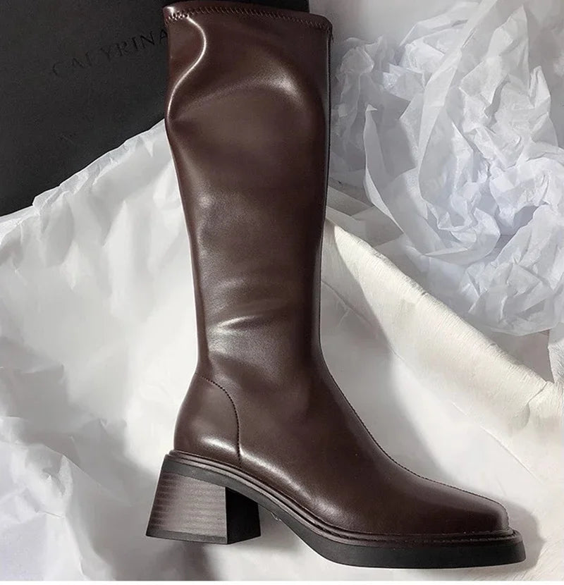Vintage Thick Heel Women Knee High Boots Fashion Side Zippers Shoes Autumn Winter Ladies Concise Long Botas De Mujer Pi-Mart