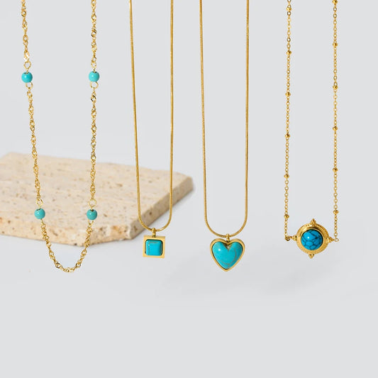 Stylish 18k Gold Plated Stainless Steel Blue Natural Stone Geometric Pendant Necklace for Women Waterproof  Collar Jewelry Gift Pi-Mart
