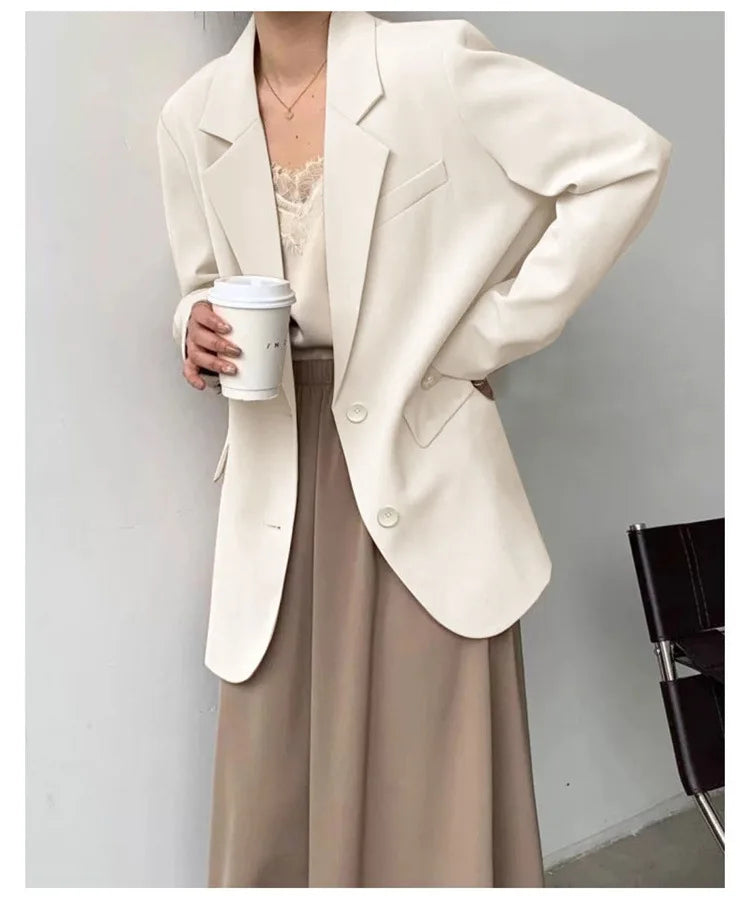 Mid Length Blazer Jacket Women Solid Long Sleeve Pocket Lapel Single Beasted Formal Coat Outerwear Loose Work Casual Blazers Pi-Mart