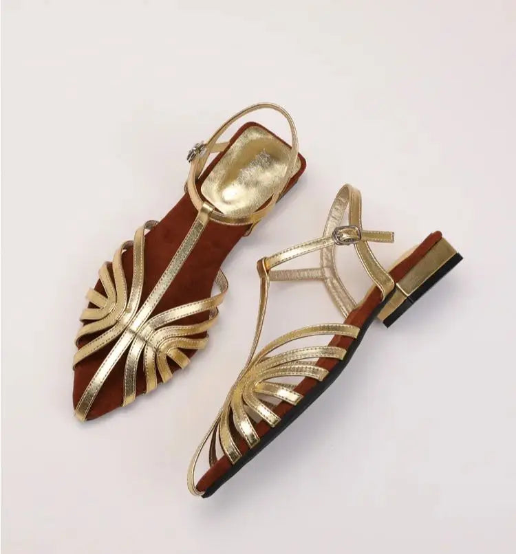 ZAROY Women Roman Sandals Summer Low Heel Ankle Strap Buckle Sandals Pointed Toe Hollowed Out T-strap Sandalias сандали LadyShow.Store