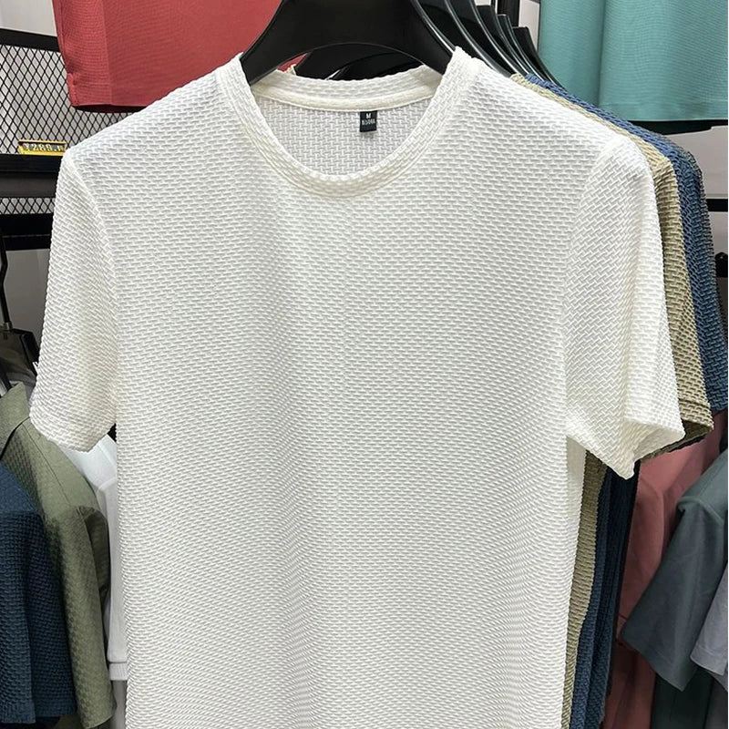 Men's Short Sleeve Mesh Bamboo Ice Silk T-shirt Casual Versatile Summer Elastic Slimming Top for Men Pi-Mart