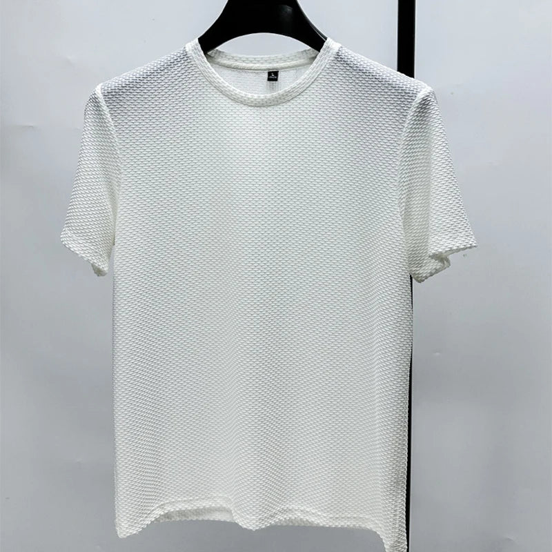 Men's Short Sleeve Mesh Bamboo Ice Silk T-shirt Casual Versatile Summer Elastic Slimming Top for Men Pi-Mart