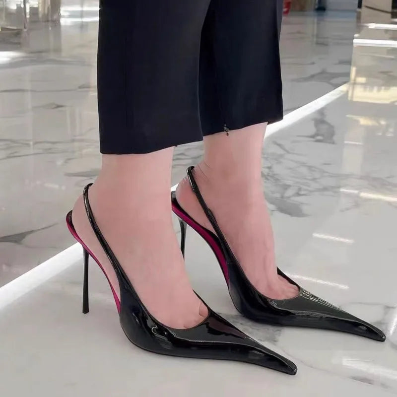 2026 Fashion Non-Slip Wear-Resistant High Heels Women's Pointed Toe Patent Leather Slip-On Sandals LadyShow.Store