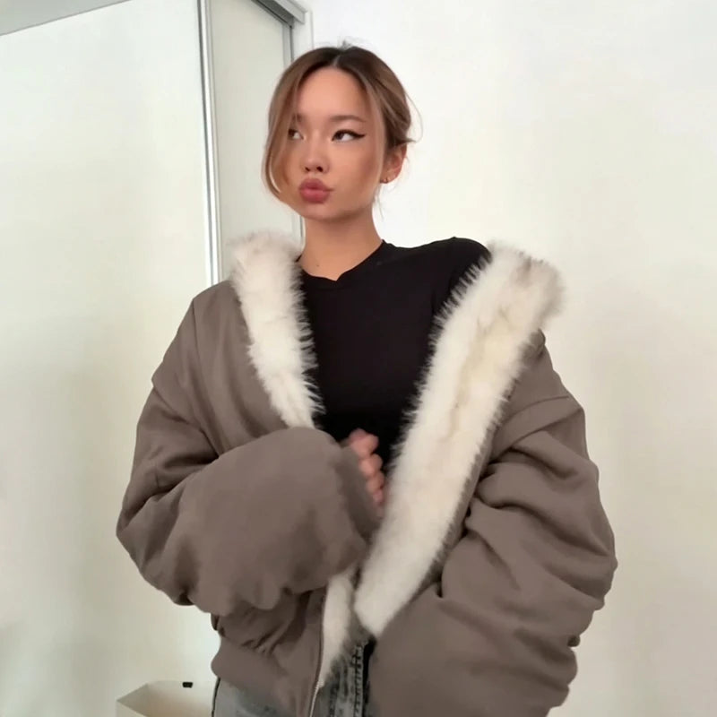 Women's Reversible Faux Fur Jacket Warm Fur Trim Hooded Oversized Puffer Coat Batwing Sleeves Zipper Loose Winter Lady Outerwear Pi-Mart