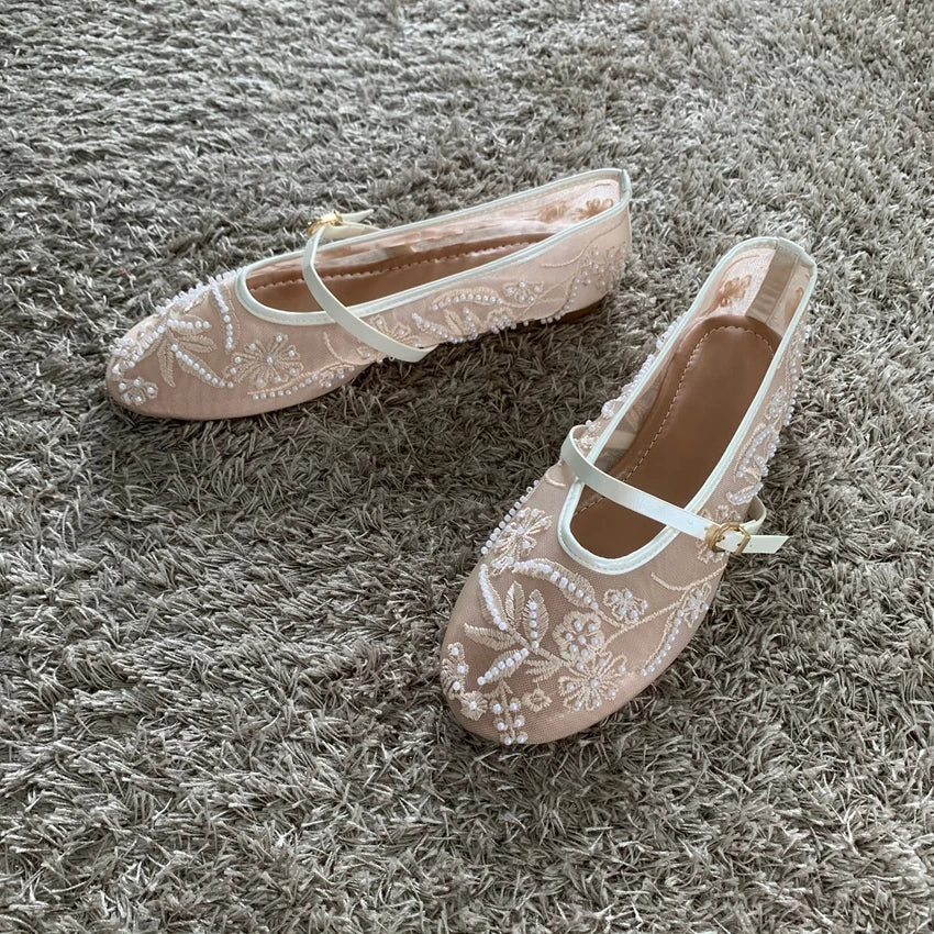 Mesh Embroidery String Bead Design Women Ballet Flats Fashion Buckle Breathable Mary Jane Shoe Comfort Low Heel Soft Flat Sandal LadyShow.Store
