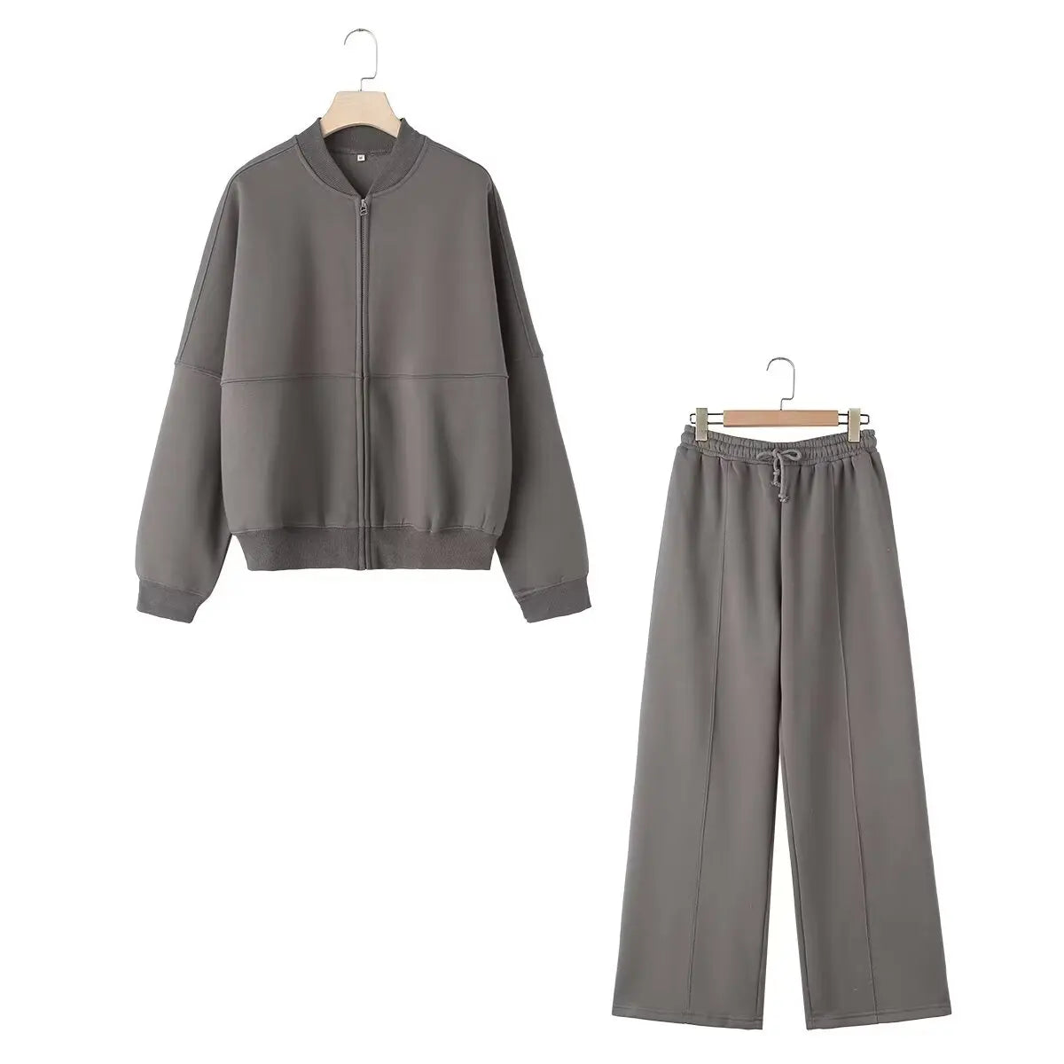 HH Women's Fall 2-Piece Retro Solid Color Zip Bomber Jacket Sweatshirt+High Waist Lace Up Women's Wide Leg Pants Street Wear LadyShow.Store