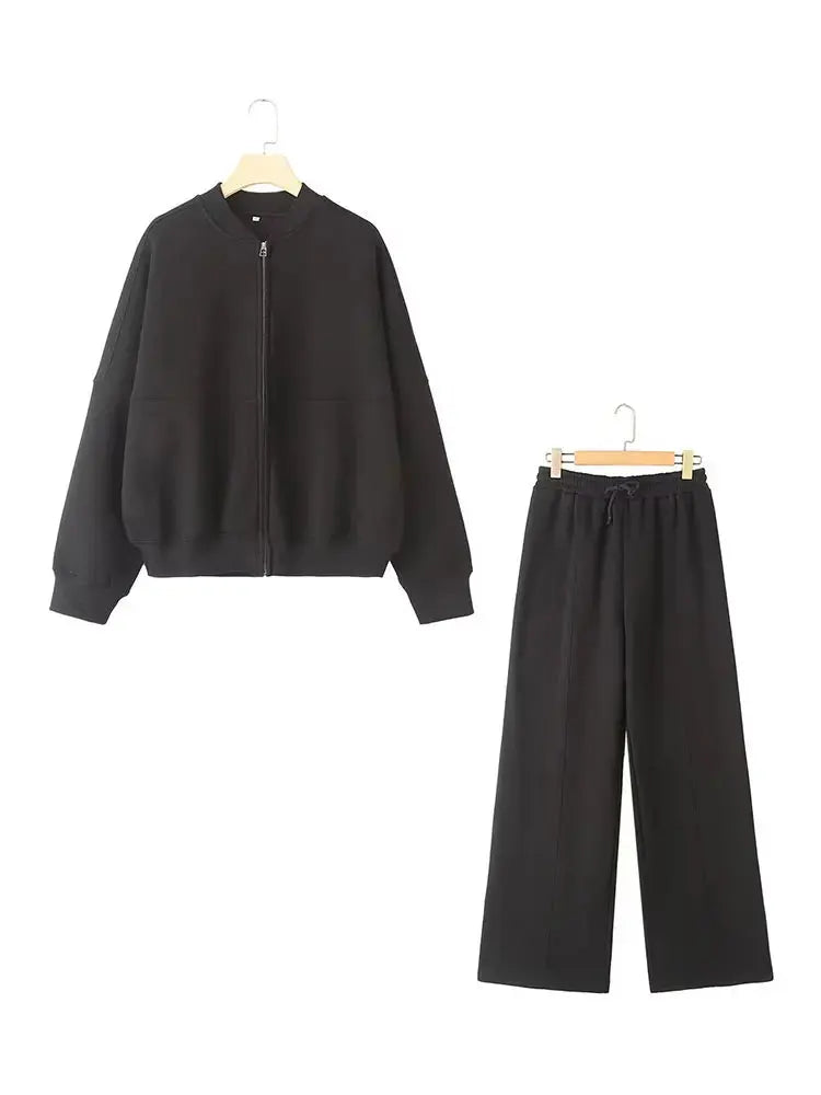 HH Women's Fall 2-Piece Retro Solid Color Zip Bomber Jacket Sweatshirt+High Waist Lace Up Women's Wide Leg Pants Street Wear LadyShow.Store