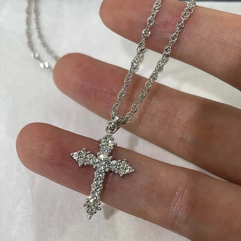Shiny Crystal Zircon Cross Pendant Necklace for Women Girls Punk Silver Color Thin Chain Necklace Party Jewelry Birthday Gift Pi-Mart