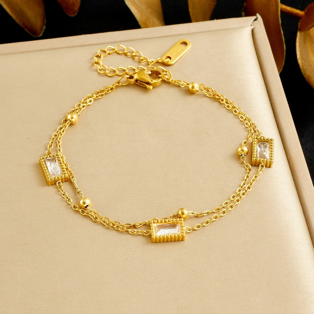 MEYRROYU 316L Stainless Steel White Zircon Inlay Cuboid Series Design Double-Layer Bracelet Women Classic Classy Hand Chain Gift Pi-Mart