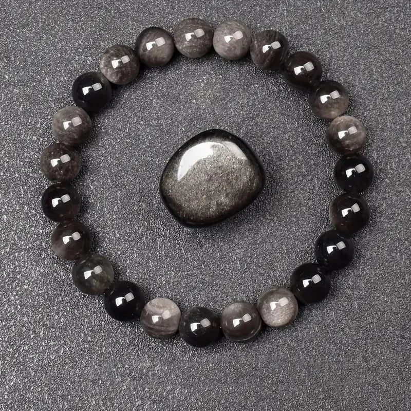 Natural Golden Obsidian Stone Beads Bracelet Men Women Golden Light Rainbow Obsidian Raw Stone Round Bead Natural Energy Jewelry Pi-Mart