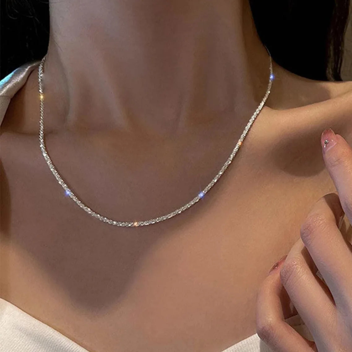 Trend Sparkling Silver Color Choker Necklace For Women Elegant Clavicle Chain Necklace Party Wedding Collar Jewelry Gifts Pi-Mart