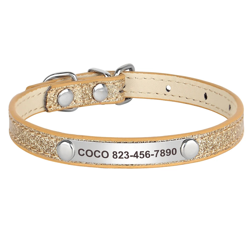 Personalized Cat Collar Custom Leather Cat Collars Free Engraved Puppy Kitten ID Necklace Bling Pet Collars for Small Dogs Cats Pi-Mart
