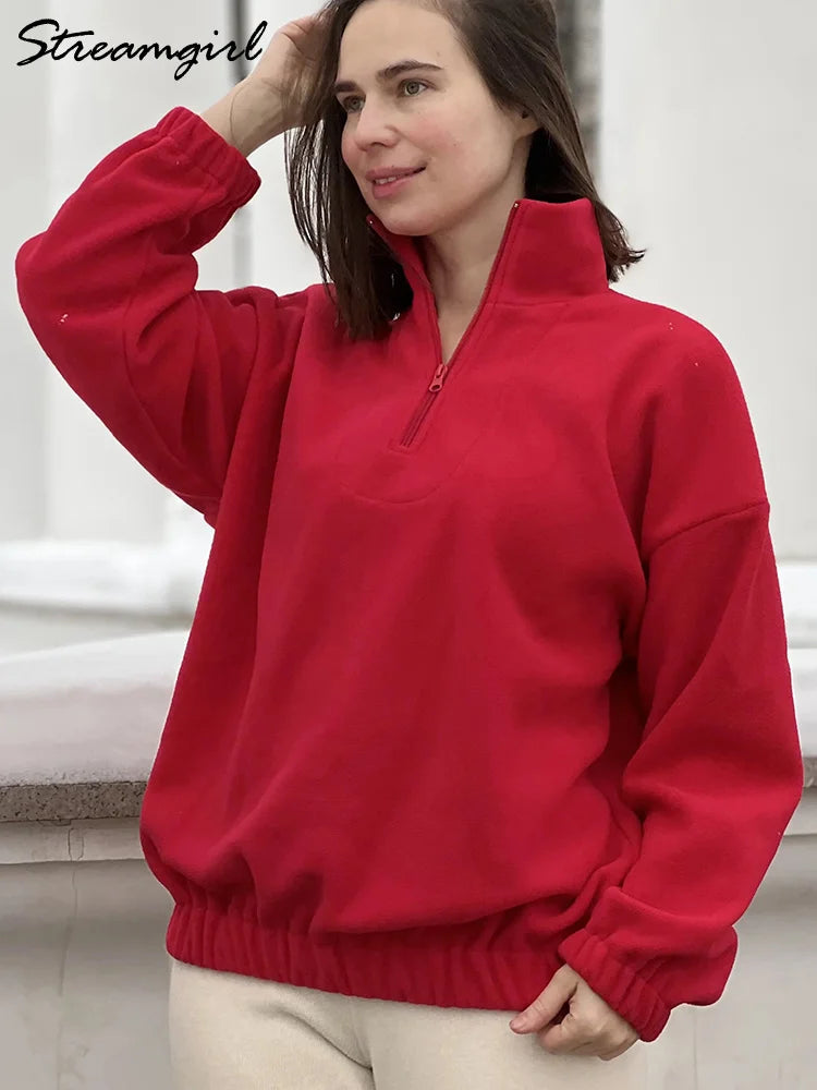 Women Velvet Sweatshirts With Half Zipper Long Sleeve Pink Warm Pullover Female Loose Yellow Sweatshirts For Women Zip Blue Tops LadyShow.Store