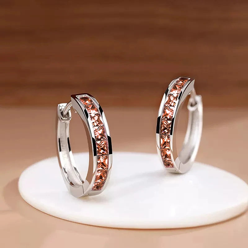 Huitan Hoop Earrings with Princess Cubic Zirconia Exquisite Ear Circle Earrings for Women Silver Color Fashion Versatile Jewelry Pi-Mart