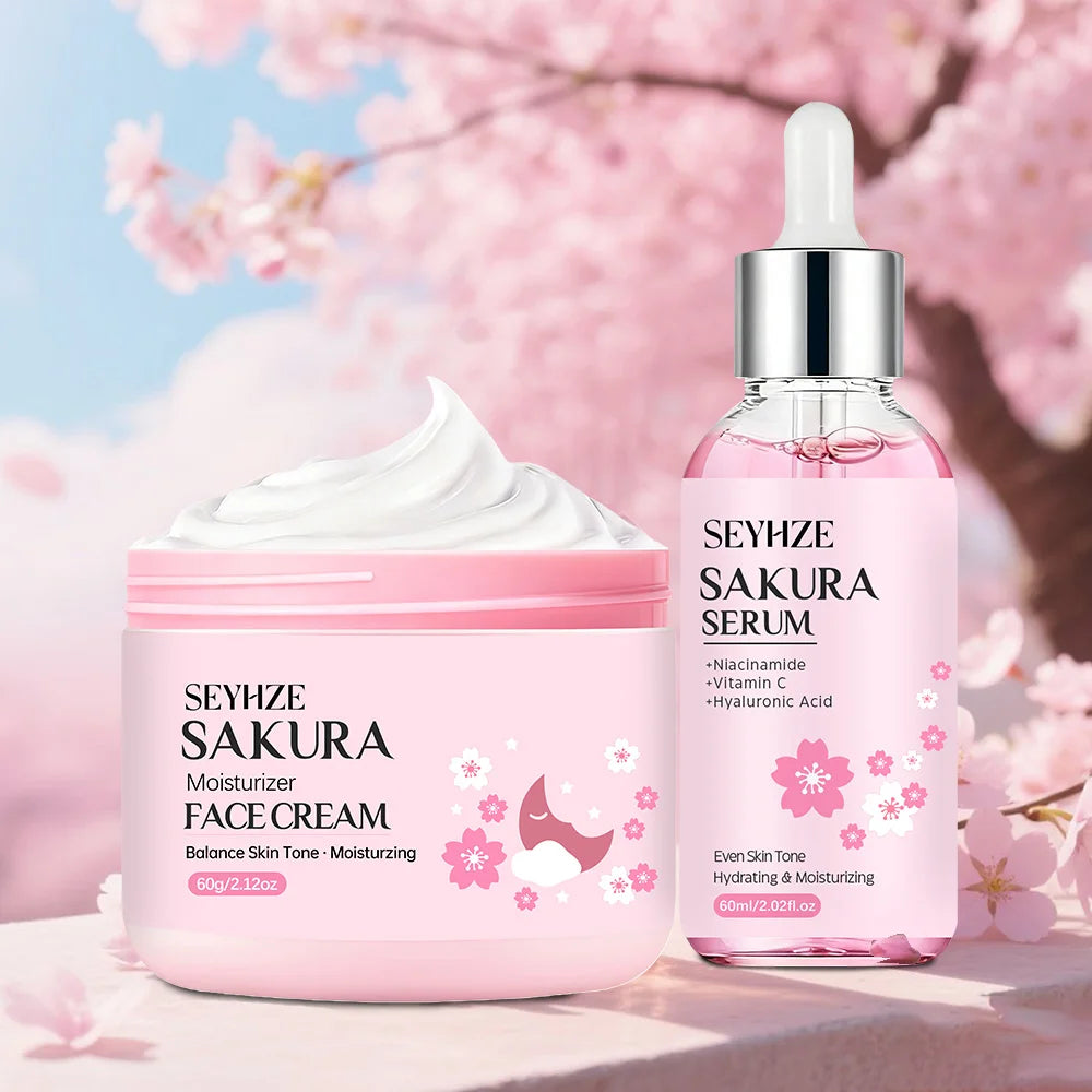 SEYHZE Sakura Collagen Essence + Moisturizing Cream Facial Care Set - 2pcs Packed with Collagen Peptides Vitamin C/E Aloe Niacin Pi-Mart