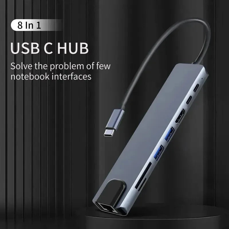 USB C Hub 8In1 7in2 7in1 Type C 3.1 To 4K HDMI Adapter with RJ45 SD/TF Card Reader PD Fast Charge for MacBook Notebook Laptop Pi-Mart