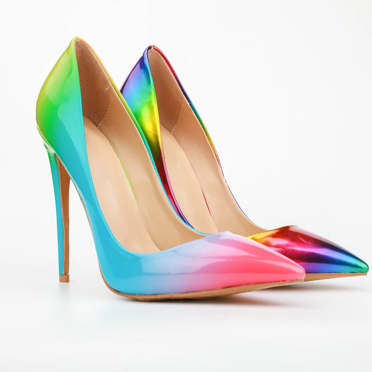 Brand Women High Heels 8-12CM Fashion Iridescent Pointed Toe Single Shoes Woman Thin Heel Summer Glossy Colorful Leather Pumps Pi-Mart