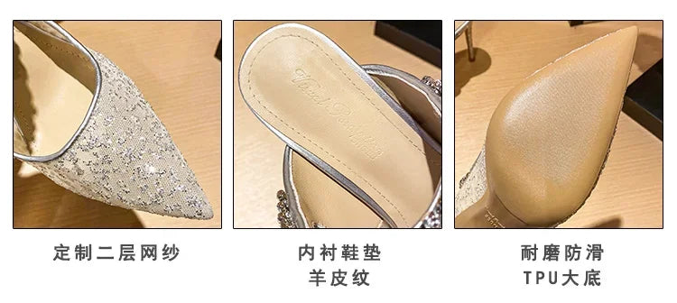 New Fashionable Thin Heel Pointed Water Diamond Mesh Hollow Sandals with Design Sense Half Dragged Muller Shoes ForOuterwear Pi-Mart