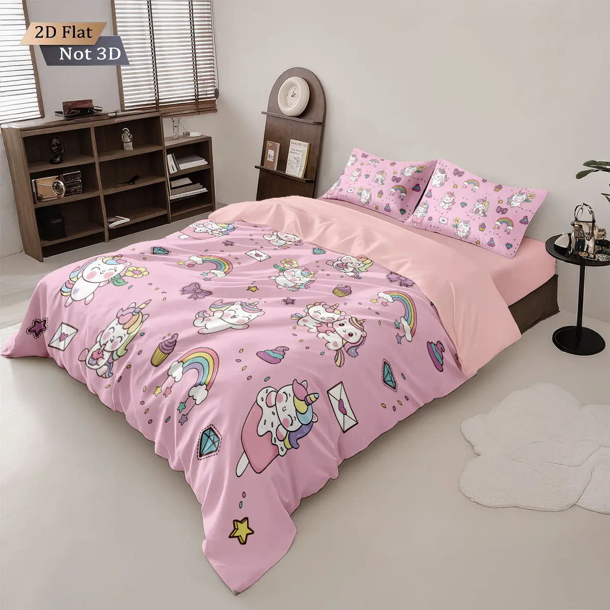 3pcs Cartoon Cute Unicorn Printed Coreless Down Duvet Cover Set, Multi Size Bedroom Bedding Decoration, Machine Washable Pi-Mart