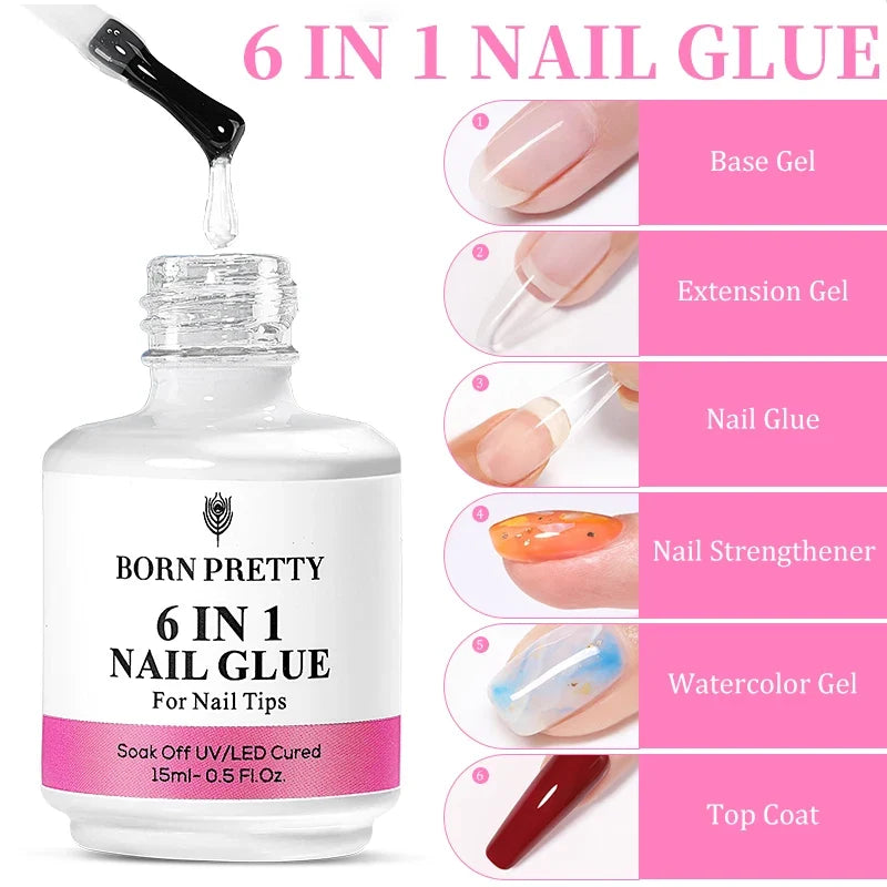 BORN PRETTY 6 IN 1 Nail Glue Gel 15ML for Acrylic Nails Soak off Base Gel Top Coat UV Extension Nail Gel False Nail Tips Gel Tri Light Beauty