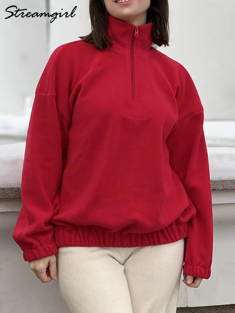 Women Velvet Sweatshirts With Half Zipper Long Sleeve Pink Warm Pullover Female Loose Yellow Sweatshirts For Women Zip Blue Tops LadyShow.Store