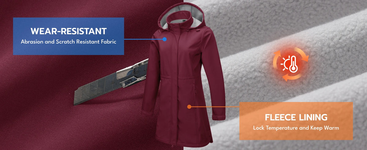 TACVASEN Women's Long Hooded Jacket Fleece Lined Softshell Jacket Waterproof Windproof Hiking Jacket Rain Coat Windbreaker Parka Pi-Mart