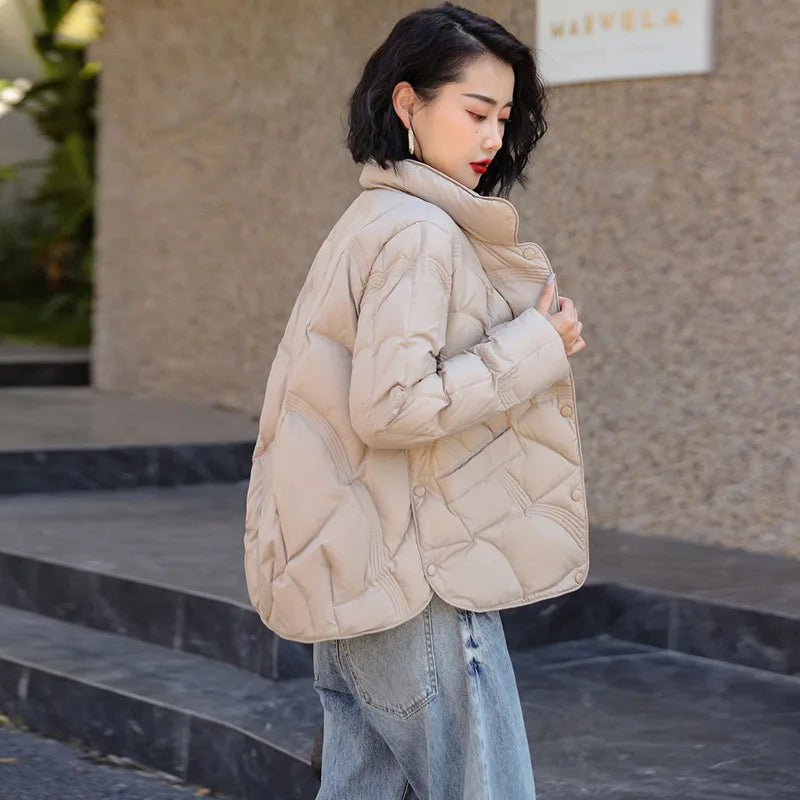 Women's Winter Short Down Jacket Stand Collar Plaid Solid White Duck Down Coat Lady Puffer Jackets  max mara пуховик JK-229 LadyShow.Store