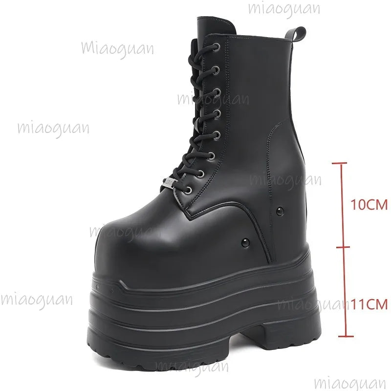 Height Increasing Women's High Boots Black Leather Thick Bottom Platform Shoes Side Zip Gothic Punk Short Boots Street Style LadyShow.Store