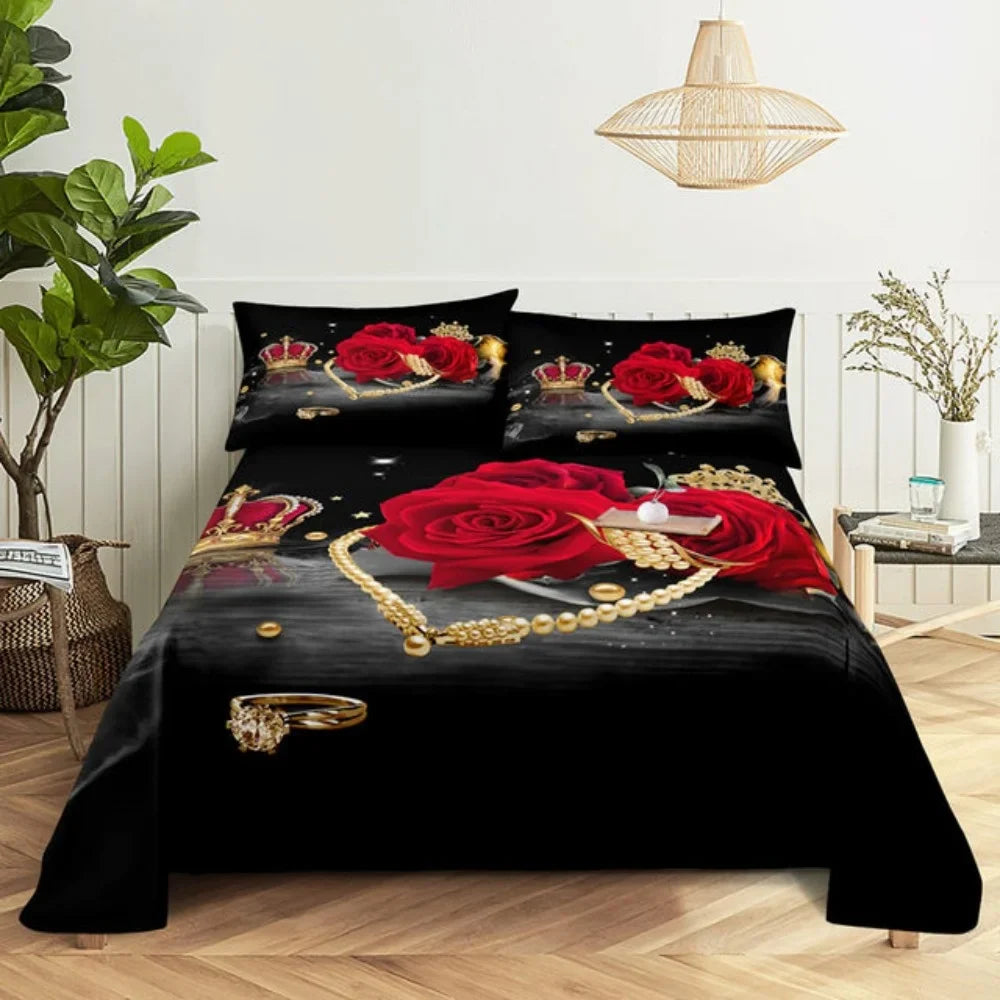 Pink Rose Bed Sheet Sets 3D Print Flowers Bed Flat Sheet for Women Girls King Queen Full Twin Size 2/3pcs Bed Linen Room Decor LadyShow.Store