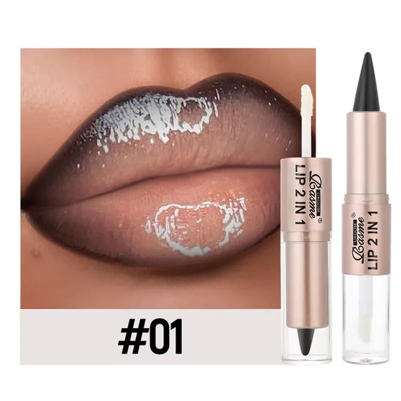 2-in-1 Lipstick & Lip Gloss, Dual-End Design, Waterproof Long-Lasting Lip Liner, Moisturizing Glossy Finish for Plump Lips Tri Light Beauty