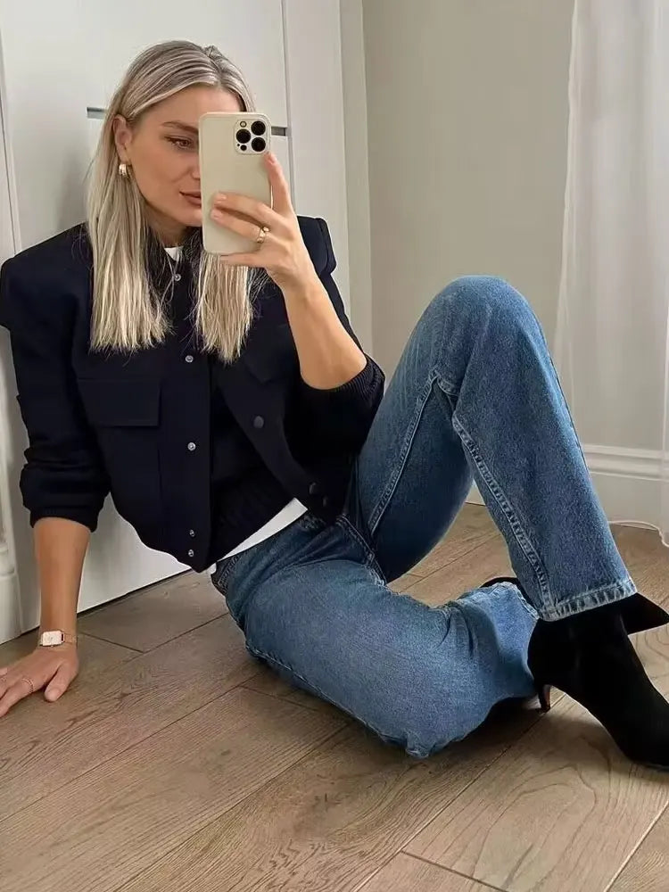 Women Fashion With Pockets Bomber Jacket Coats Vintage Long Sleeve Front Button Casual Female Outerwear Chic Tops LadyShow.Store