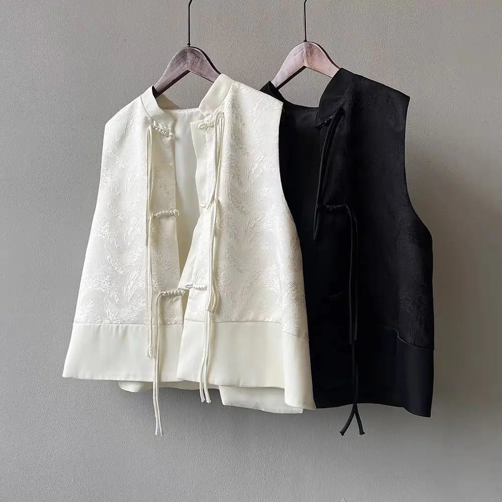 2026 spring new chinese new style plate buckle waistcoat jacket jacquard stand collar sleeveless retro women cheongsam waistcoat Pi-Mart