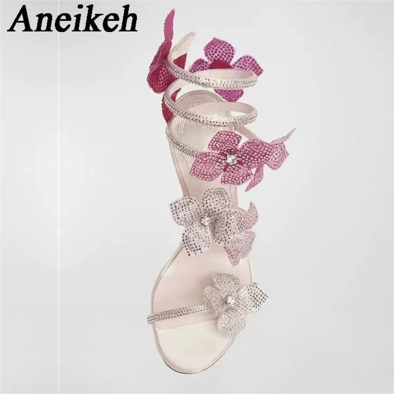 Aneikeh Sexy CRYSTAL Flower Narrow Band Ankle Strap Sandals Woman Thin High Heels Street Style  Pole Dancing Ladies Shoes LadyShow.Store