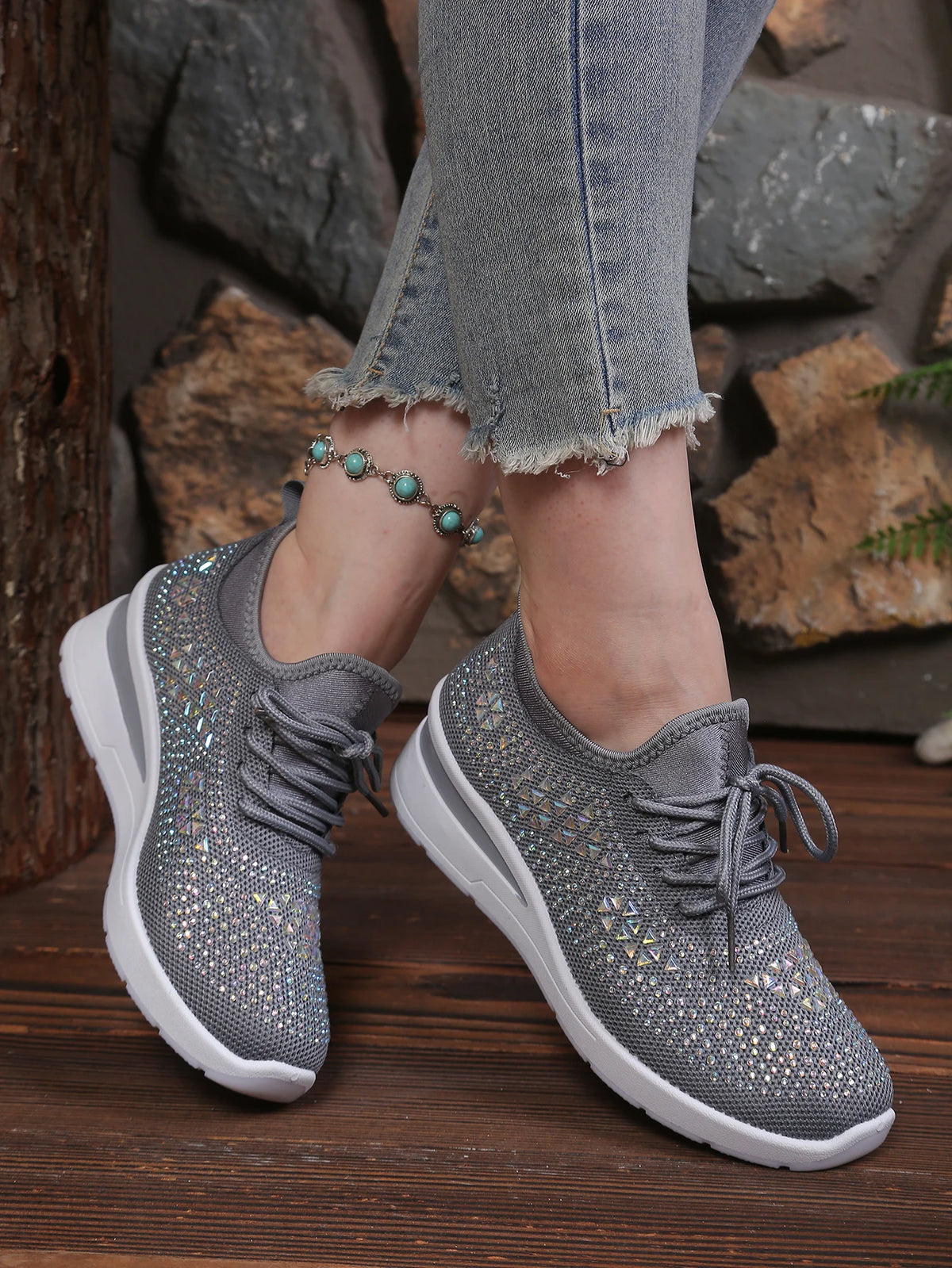 Women's Rhinestone Embellished Knit Mesh Wedge Sneakers, Adjustable Lace-Up Closure, Daily Walking Casual Footwear Pi-Mart