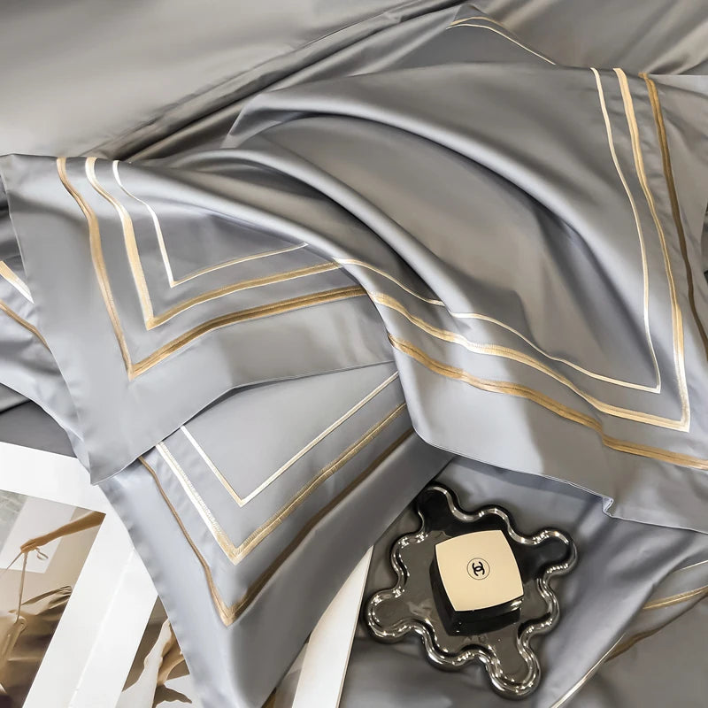 Hotel Style Bedding Set Luxury Golden Embroidery Duvet Cover Grey Egyptian Cotton Bed Sheets Pillowcases Solid Color Bedclothes Pi-Mart