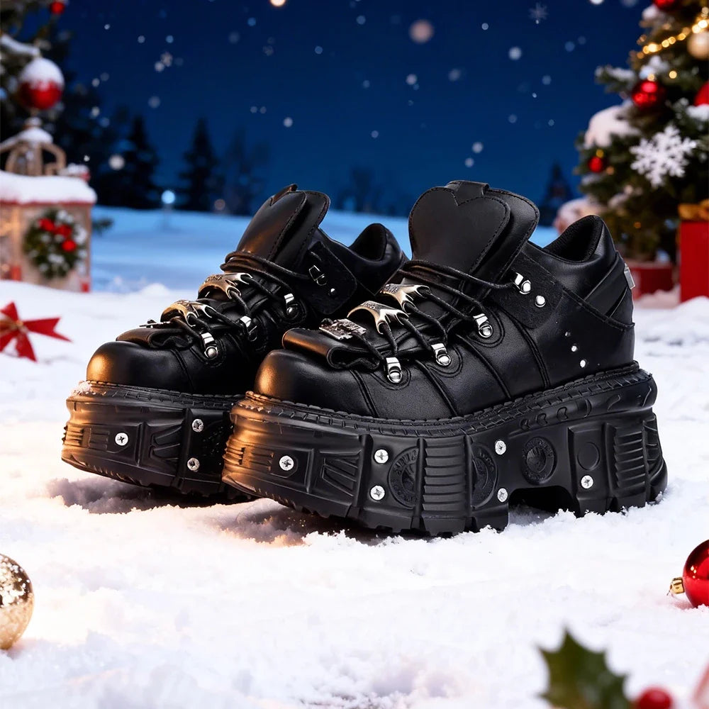 2026 New Punk Style Women Shoes Lace-up Heel Height 6CM Platform Shoes Woman Gothic Ankle Rock Boots Metal Decor Woman Sneakers LadyShow.Store