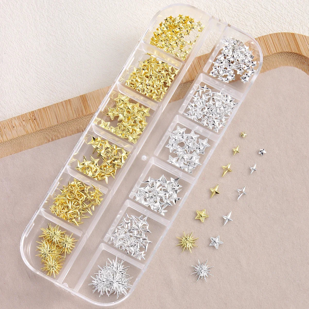 6/12Grids Gold Star Moon Metallic Rivet 3D Nail Charms Alloy Sun Moon Starlight Rhinestones Nail Studs For Nail Art Decoration Pi-Mart