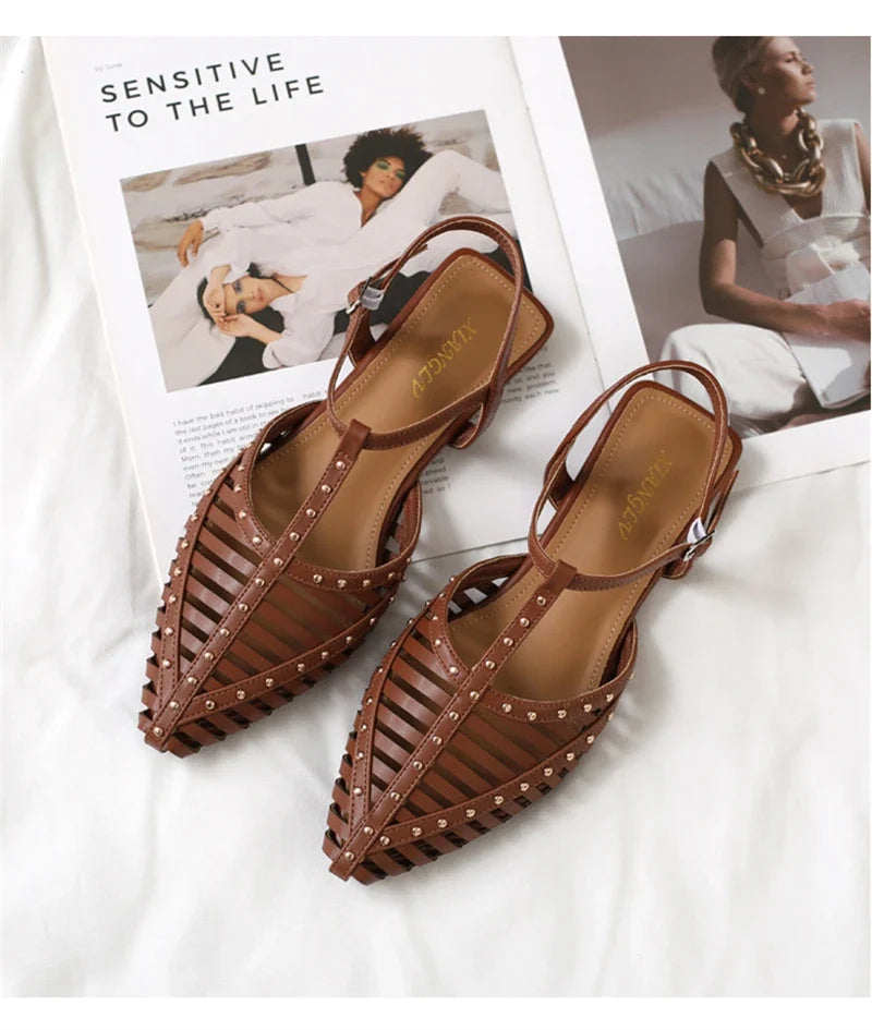 ZAROY Designer Narrow Band Flat Sandals Women Summer Point Toe Ankle Buckle Hollow Roman Sandal Plus Size Casual Beach Sandalias LadyShow.Store
