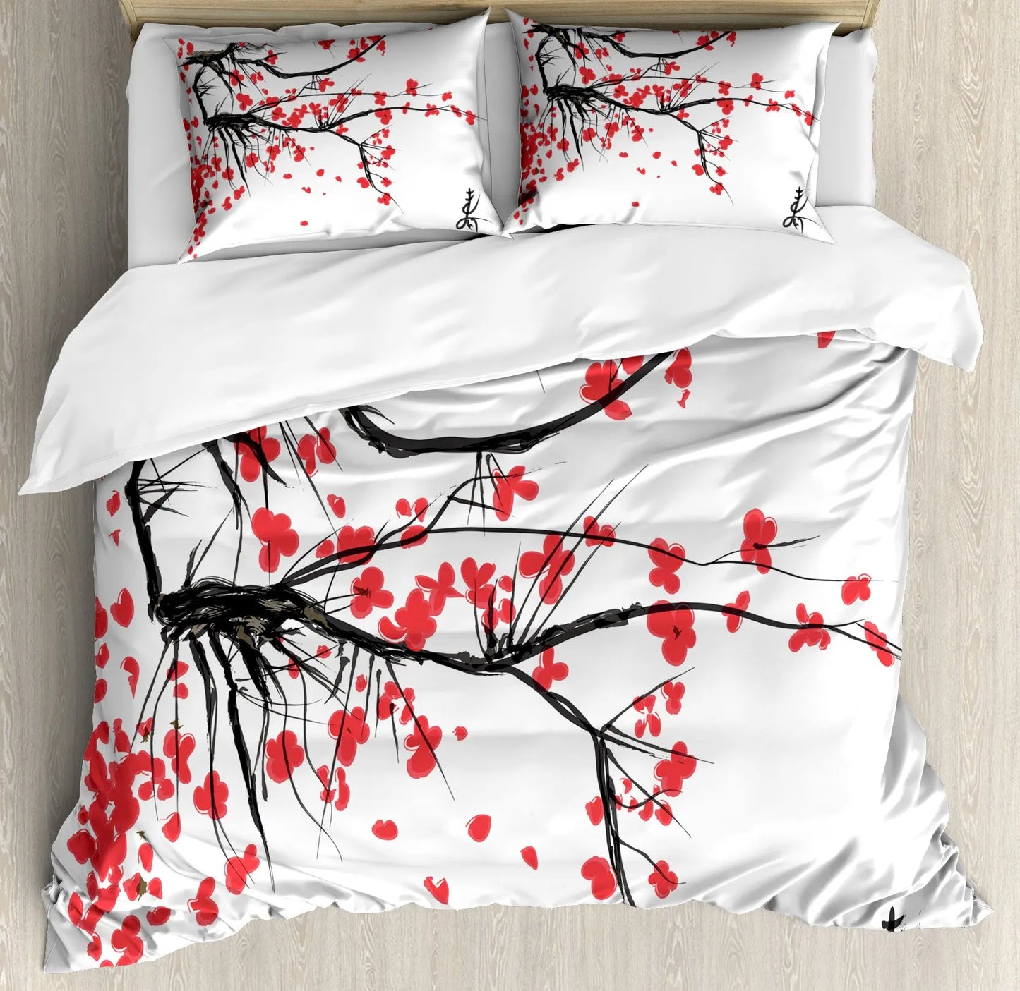 Japanese Duvet Cover Set Simplistic Cherry Blossom Tree Botanic Themed Pattern Fresh Organic Lines Bedding Set For Kids Girls Pi-Mart